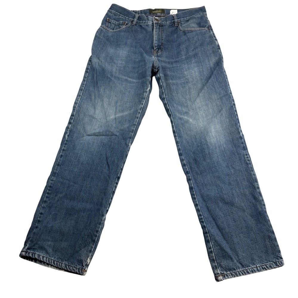 Eddie Bauer Mens Relaxed Fit Flannel Lined Jeans Blue Plaid Medium Wash 34x32